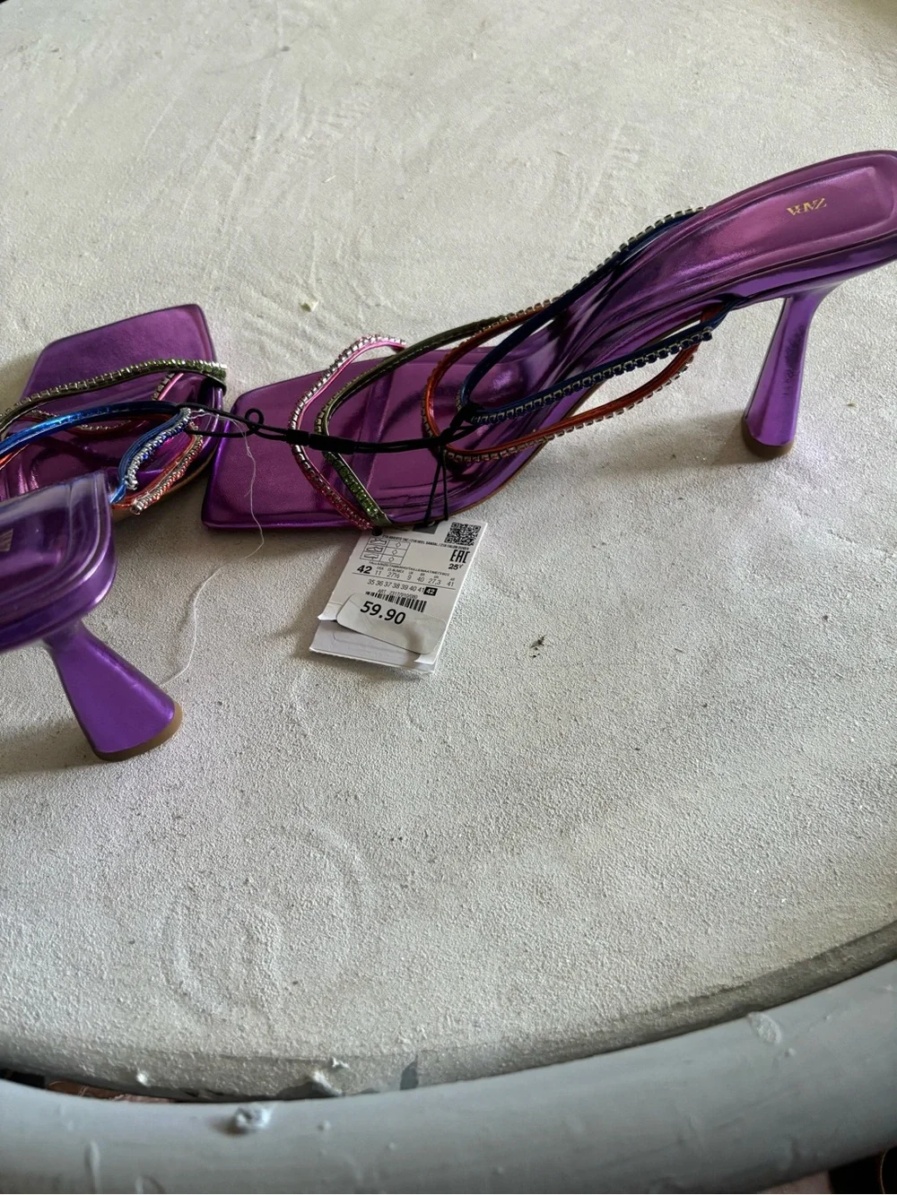 Zara Metallic Purple Square-Toe Heeled Sandals with Rhinestone Straps - Picture 2 of 4